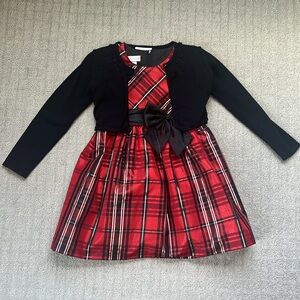 Bonnie Jean Red and Black Plaid Holiday Dress with Layering Sweater Girls Size 5